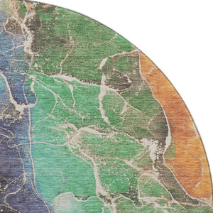 HomeRoots 8' Vibrant Blue Green Orange Abstract Washable Round Rug with UV Protection for Indoor & Outdoor Use 701204