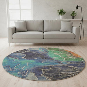 HomeRoots 8' Vibrant Blue Green Orange Abstract Washable Round Rug with UV Protection for Indoor & Outdoor Use 701204