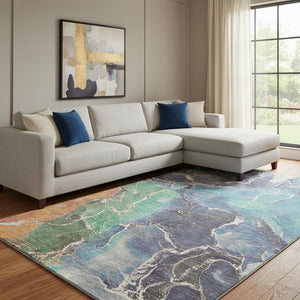 HomeRoots 8' X 10' Abstract Washable Area Rug in Blue, Green & Orange - UV Resistant, Stylish & Durable! 701205