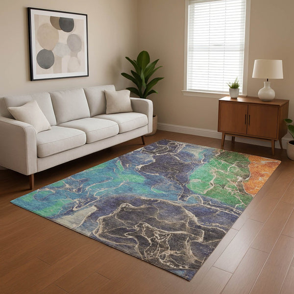 HomeRoots 8' X 10' Abstract Washable Area Rug in Blue, Green & Orange - UV Resistant, Stylish & Durable! 701205