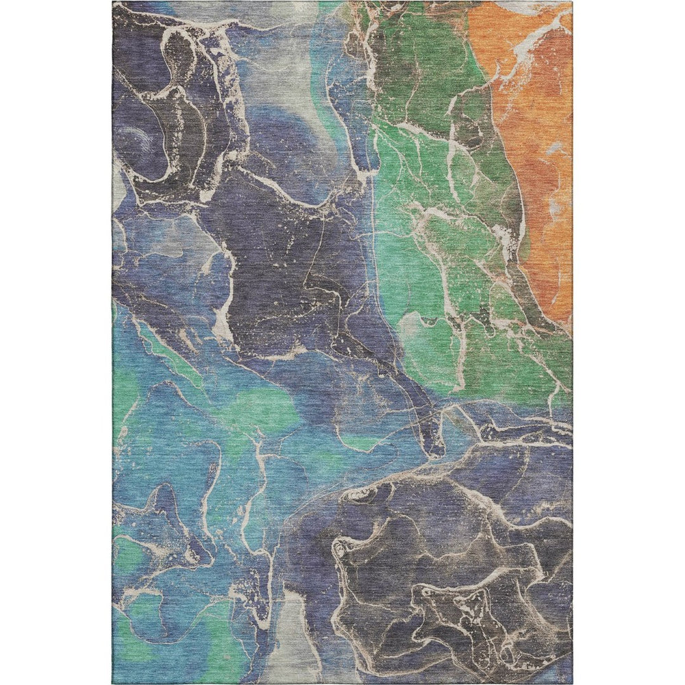 HomeRoots 8' X 10' Abstract Washable Area Rug in Blue, Green & Orange - UV Resistant, Stylish & Durable! 701205