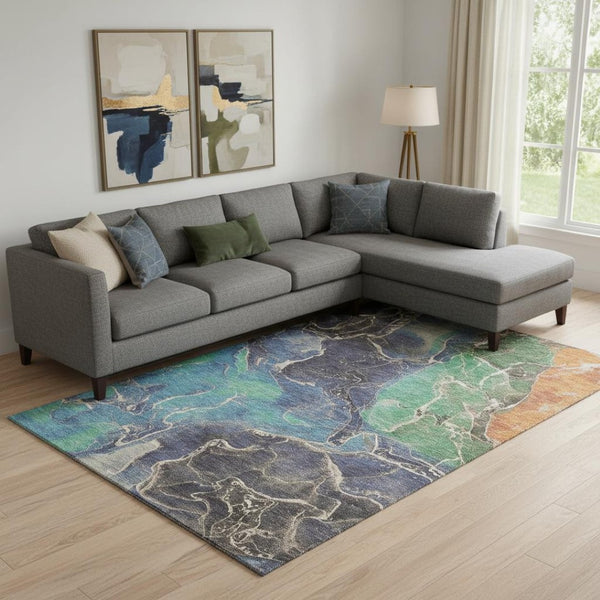 HomeRoots 9' Vibrant Blue Green and Orange Abstract Area Rug - Washable, UV-Protected, Non-Slip for Homes 701206