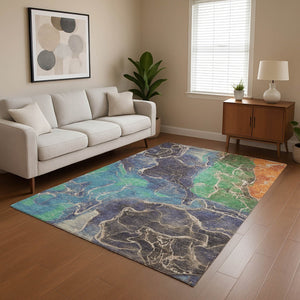 HomeRoots 9' Vibrant Blue Green and Orange Abstract Area Rug - Washable, UV-Protected, Non-Slip for Homes 701206