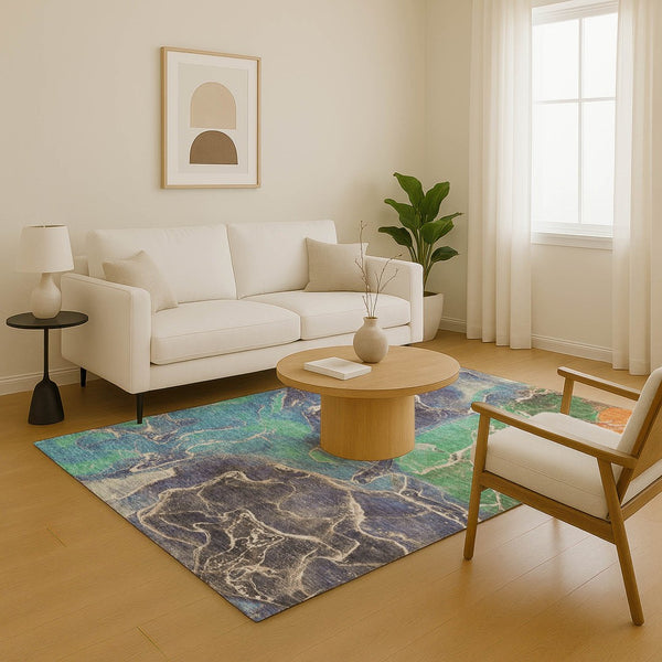 HomeRoots 9' Vibrant Blue Green and Orange Abstract Area Rug - Washable, UV-Protected, Non-Slip for Homes 701206