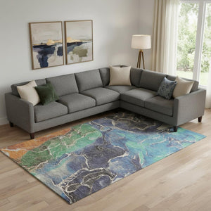 HomeRoots 10' Vibrant Blue Green and Orange Abstract Washable Area Rug - UV Protected, Non-Slip, Modern Design 701207
