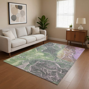 HomeRoots 5' X 8' Modern Abstract Washable Area Rug in Green, Purple & Gray with UV Protection & Durability 701209