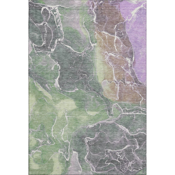 HomeRoots 5' X 8' Modern Abstract Washable Area Rug in Green, Purple & Gray with UV Protection & Durability 701209