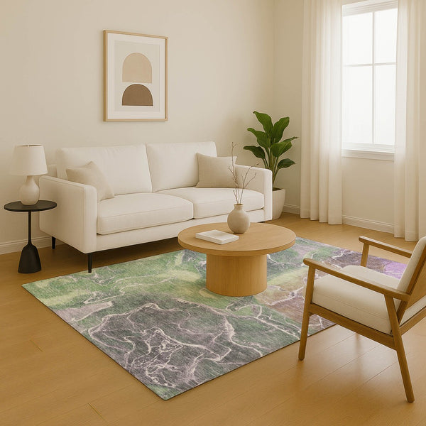 HomeRoots 5' X 8' Modern Abstract Washable Area Rug in Green, Purple & Gray with UV Protection & Durability 701209