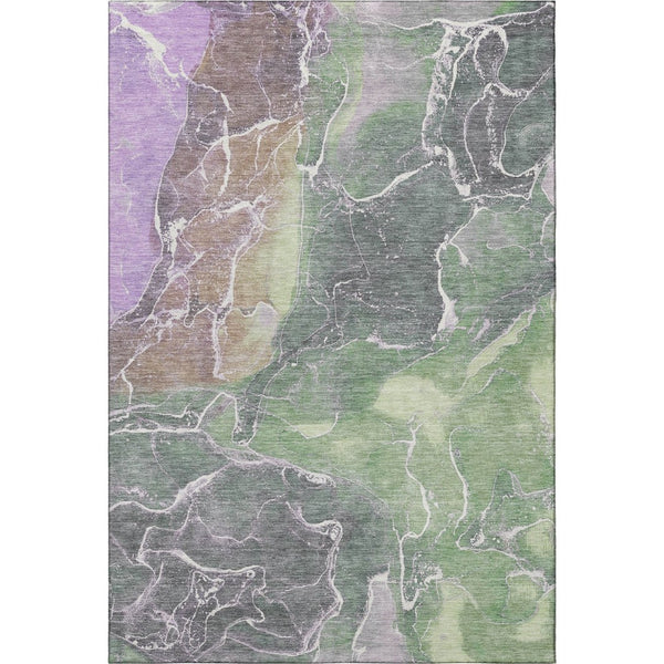 HomeRoots 5' X 8' Modern Abstract Washable Area Rug in Green, Purple & Gray with UV Protection & Durability 701209