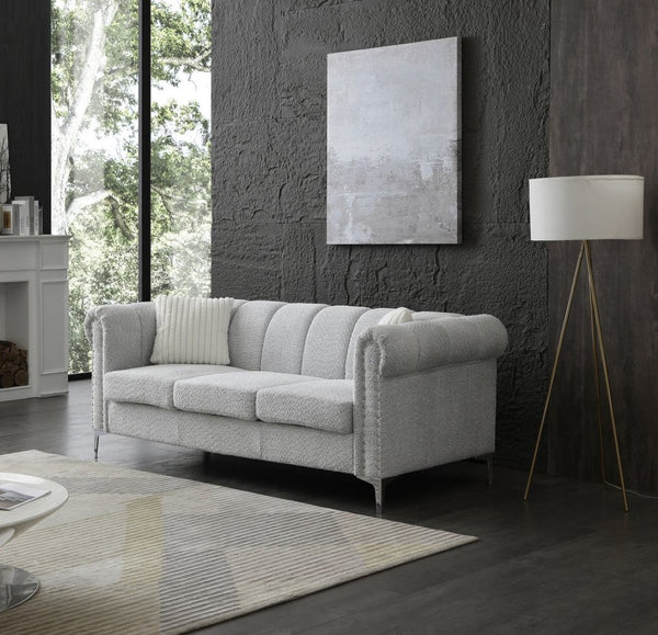English Elm Sammy Rolled Arm Chenille Sofa with Chrome Nail Heads and Polished Steel Legs B078S00649