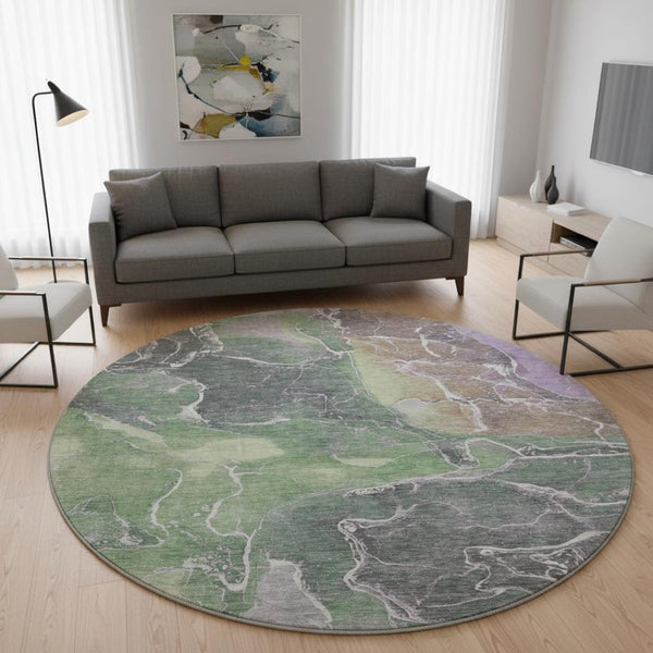 HomeRoots 8' Washable Round Rug in Green, Purple & Gray Abstract Design - UV Protected, Stain Resistant, Non-Slip 701210