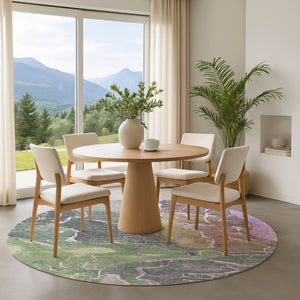 HomeRoots 8' Washable Round Rug in Green, Purple & Gray Abstract Design - UV Protected, Stain Resistant, Non-Slip 701210