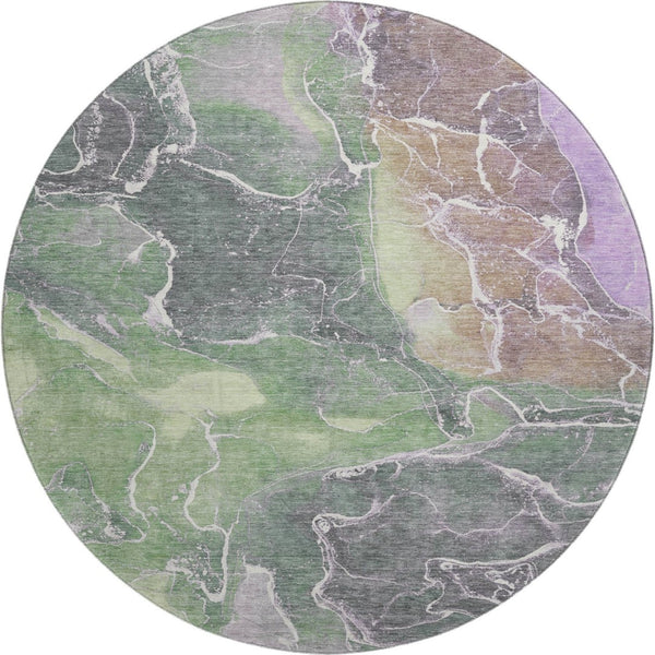 HomeRoots 8' Washable Round Rug in Green, Purple & Gray Abstract Design - UV Protected, Stain Resistant, Non-Slip 701210