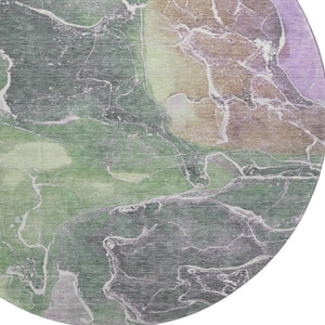 HomeRoots 8' Washable Round Rug in Green, Purple & Gray Abstract Design - UV Protected, Stain Resistant, Non-Slip 701210