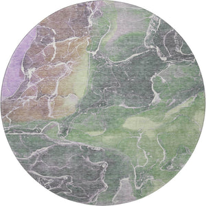 HomeRoots 8' Washable Round Rug in Green, Purple & Gray Abstract Design - UV Protected, Stain Resistant, Non-Slip 701210