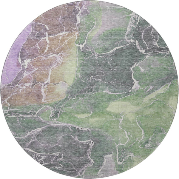 HomeRoots 8' Washable Round Rug in Green, Purple & Gray Abstract Design - UV Protected, Stain Resistant, Non-Slip 701210