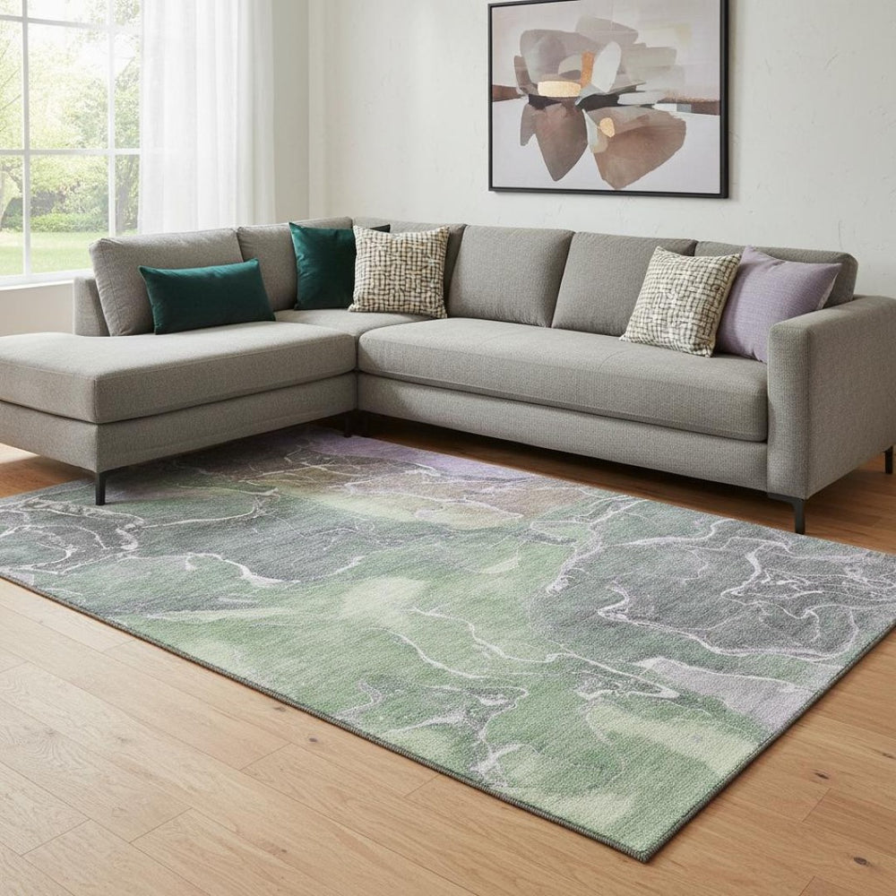 HomeRoots 8' X 10' Modern Abstract Washable Area Rug in Green, Purple & Gray with UV Protection & Durability 701211