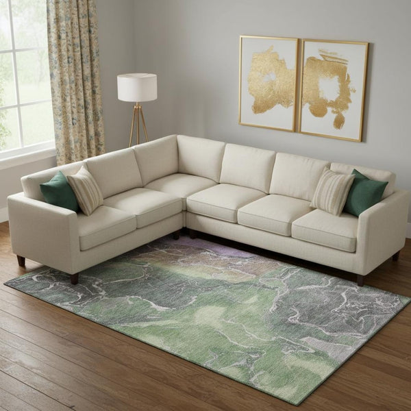 HomeRoots 9' X 12' Washable Abstract Area Rug in Green, Purple & Gray - UV Protection, Non-Slip, Durable Design 701212