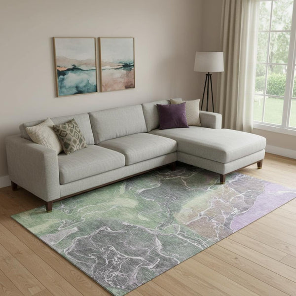 HomeRoots 10' X 14' Abstract Area Rug in Green, Purple & Gray - Washable, UV-Protected, Durable & Stylish Design 701213