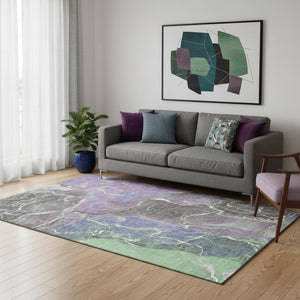 HomeRoots 5' X 8' Abstract Washable Area Rug in Purple, Blue & Green - UV Protected, Stain Resistant Design 701215