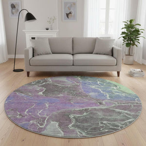 HomeRoots 8' Stunning Purple, Blue & Green Abstract Round Rug – Washable, UV Protected, Perfect for Families! 701216