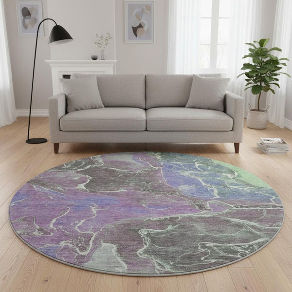 HomeRoots 8' Stunning Purple, Blue & Green Abstract Round Rug – Washable, UV Protected, Perfect for Families! 701216