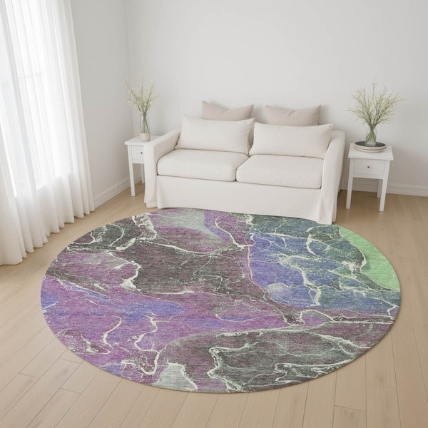 HomeRoots 8' Stunning Purple, Blue & Green Abstract Round Rug – Washable, UV Protected, Perfect for Families! 701216