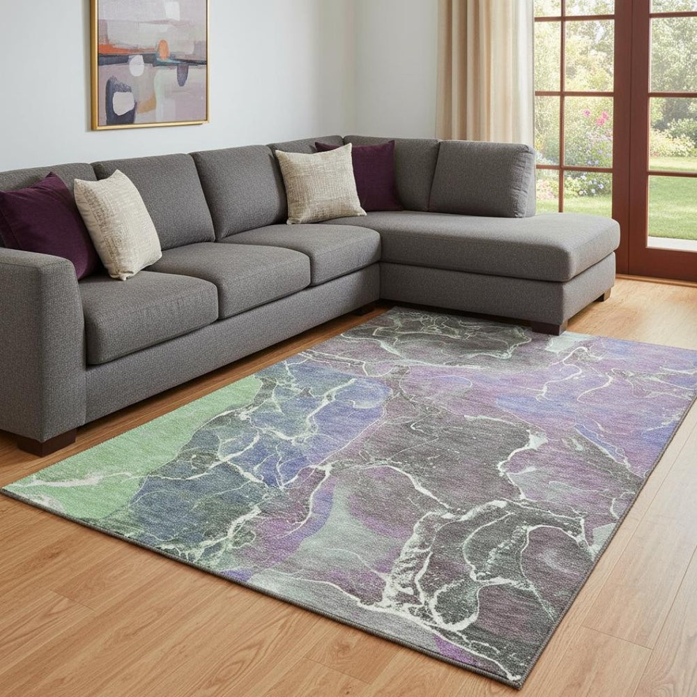 HomeRoots 8' X 10' Washable Abstract Area Rug in Vibrant Purple, Blue & Green – UV Protected, Non-Slip Design 701217