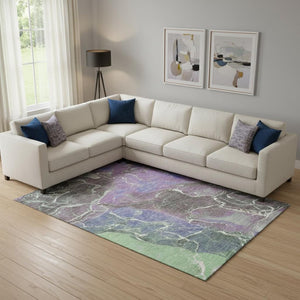 HomeRoots 9' X 12' Washable Abstract Area Rug in Purple, Blue & Green – UV Protected, Stain Resistant Design 701218