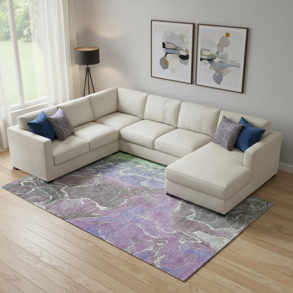 HomeRoots 10' Abstract Area Rug in Purple, Blue & Green - Washable, UV-Protected, Non-Slip for Modern Homes 701219