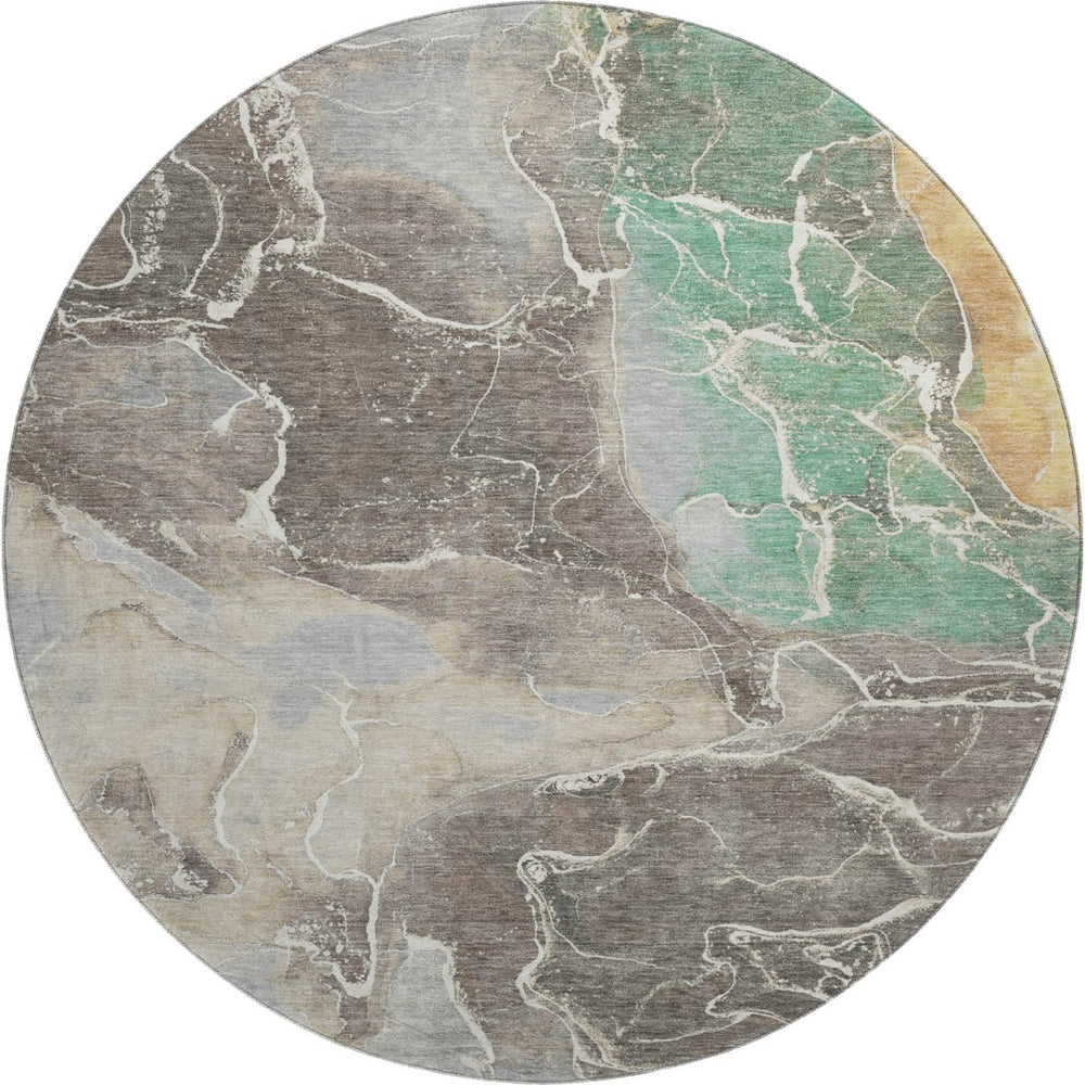 HomeRoots 8' Modern Taupe Brown & Gray Abstract Washable Round Rug - UV Protected, Non-Slip & Easy Care! 701222