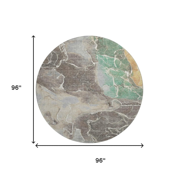HomeRoots 8' Modern Taupe Brown & Gray Abstract Washable Round Rug - UV Protected, Non-Slip & Easy Care! 701222