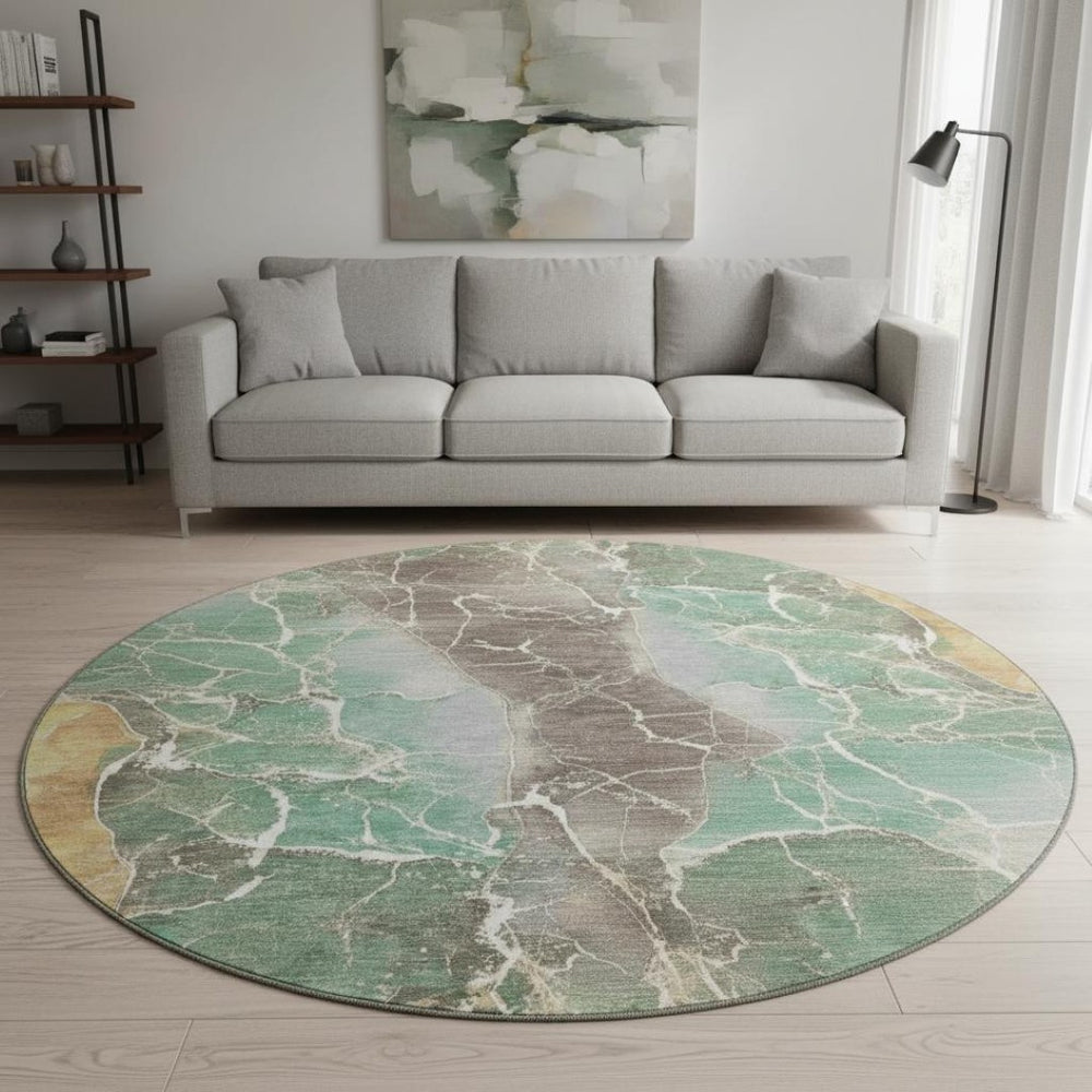 HomeRoots 8' Modern Taupe Brown & Gray Abstract Washable Round Rug - UV Protected, Non-Slip & Easy Care! 701222