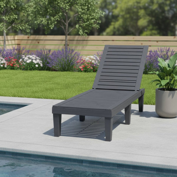 HomeRoots 75" Black Heavy Duty Chaise Lounge - Adjustable Outdoor Recliner with Faux Wood Finish & UV Protection 701232