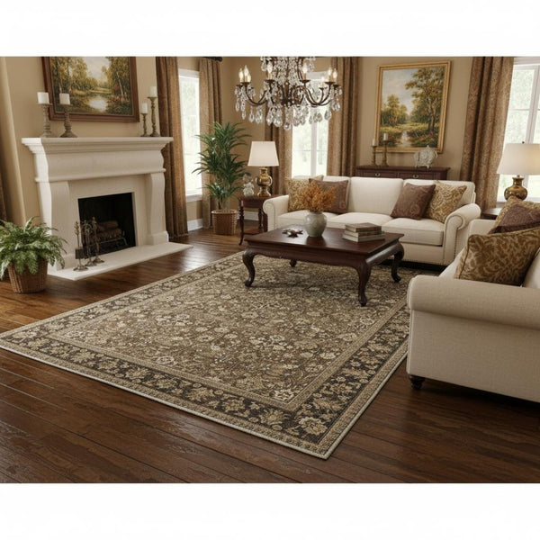HomeRoots 9' Brown Ivory Tan Floral Medallion Area Rug - Durable, Washable Design Perfect for High-Traffic Spaces 9' X 12' 701238