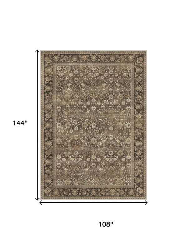 HomeRoots 9' Brown Ivory Tan Floral Medallion Area Rug - Durable, Washable Design Perfect for High-Traffic Spaces 9' X 12' 701238