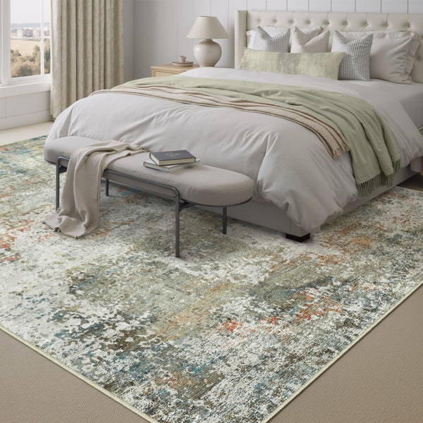 HomeRoots 8' Abstract Washable Area Rug in Soft Ivory with Light Green and Blue Accents for Modern Spaces 8' X 10' 701246