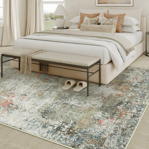 HomeRoots 8' Abstract Washable Area Rug in Soft Ivory with Light Green and Blue Accents for Modern Spaces 8' X 10' 701246