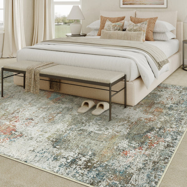HomeRoots 8' Abstract Washable Area Rug in Soft Ivory with Light Green and Blue Accents for Modern Spaces 8' X 10' 701246