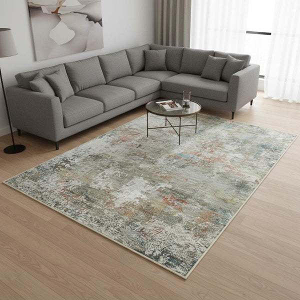 HomeRoots 8' Abstract Washable Area Rug in Soft Ivory with Light Green and Blue Accents for Modern Spaces 8' X 10' 701246