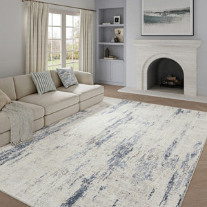 HomeRoots 9' Elegant Ivory and Slate Blue Abstract Area Rug - Washable, Stain-Resistant, Non-Slip Backing 9' X 12' 701252