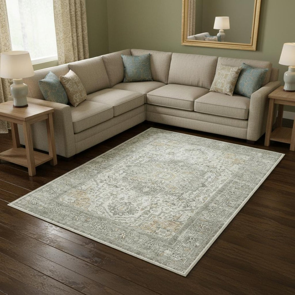 HomeRoots 8' X 10' Washable Floral Area Rug in Brown, Ivory, and Light Green – Durable, Stylish, and Safe! 701253