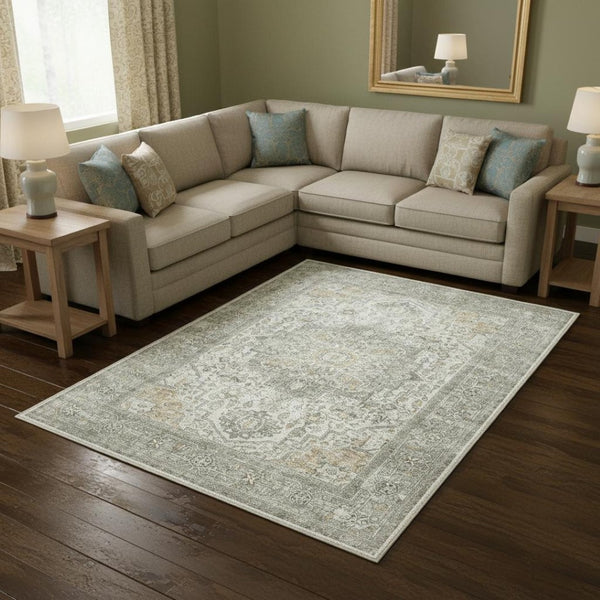 HomeRoots 8' X 10' Washable Floral Area Rug in Brown, Ivory, and Light Green – Durable, Stylish, and Safe! 701253