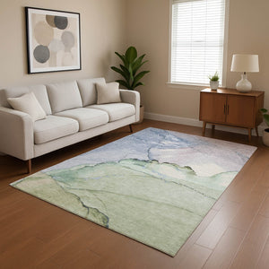 HomeRoots 5' X 8' Stylish Artichoke Green and Lavender Abstract Area Rug - Washable, UV Protected, Stain Resistant 701259