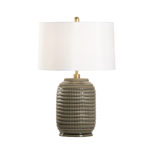 Chelsea House Cooper Ceramic Table Lamp With Brown-Gray Patterned Base And White Linen Drum Shade For Ambient Light 70126