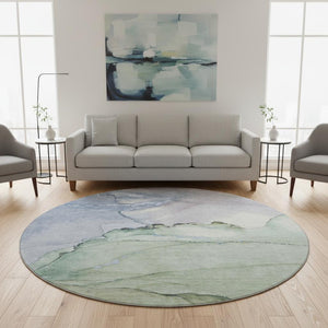 HomeRoots 8' Artichoke Green, Lavender & Ivory Abstract Washable Round Rug with UV Protection for Homes 701260