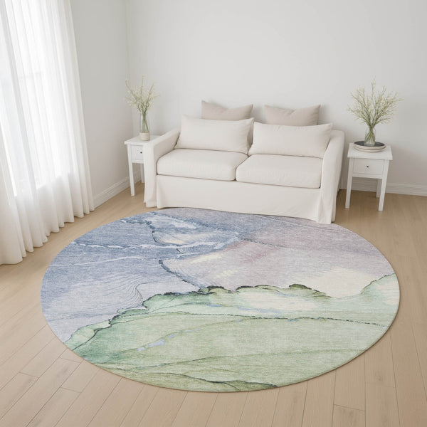 HomeRoots 8' Artichoke Green, Lavender & Ivory Abstract Washable Round Rug with UV Protection for Homes 701260