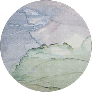 HomeRoots 8' Artichoke Green, Lavender & Ivory Abstract Washable Round Rug with UV Protection for Homes 701260