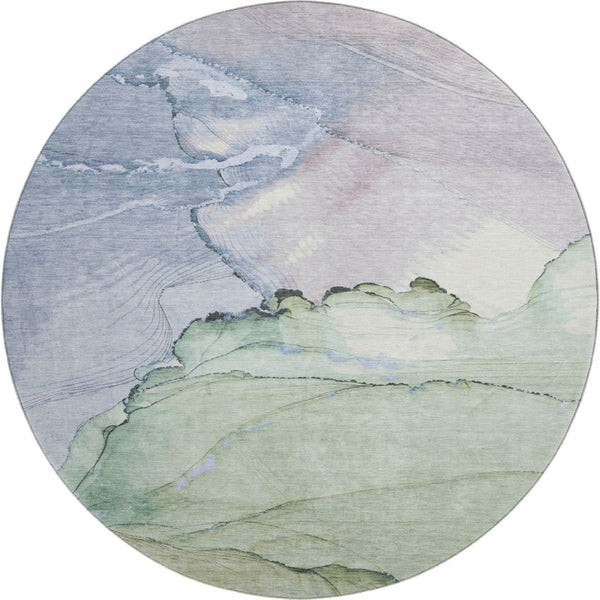 HomeRoots 8' Artichoke Green, Lavender & Ivory Abstract Washable Round Rug with UV Protection for Homes 701260