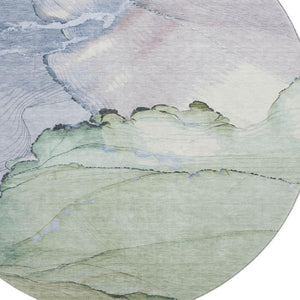 HomeRoots 8' Artichoke Green, Lavender & Ivory Abstract Washable Round Rug with UV Protection for Homes 701260